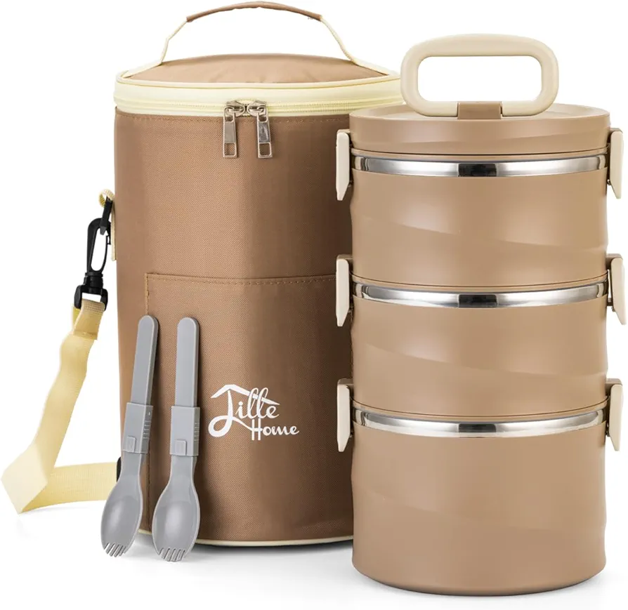Lillehome Stackable Stainless Steel Thermal Bento Lunch Box, 3-Tier Insulated Snack Food Container with Lunch Bag and Utensils, Stainless Steel Lunch Box for Adult, Bento Box Adult, 88 OZ (Brown)