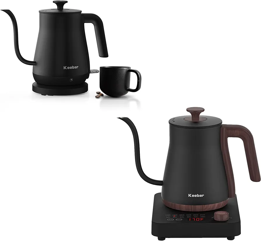 Electric Gooseneck Kettle Boudle Set - Gooseneck Electric Kettle and Gooseneck Electric Kettle with 6 Temperature Control Presets and Led Display, 0.8L, 0.8mm Spout, 304 Stainless Steel, 1000W