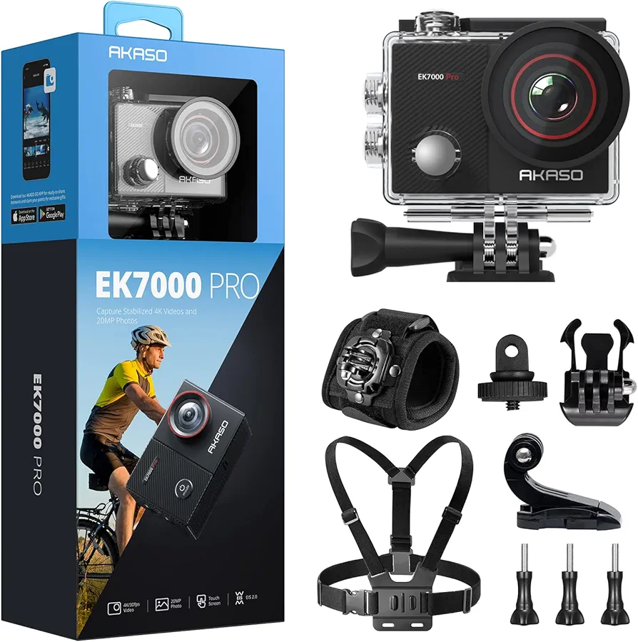 AKASO EK7000 Pro 4K30FPS Action Camera with Wrist Strap and Chest Strap Action Camera Accessories Kit Bundle