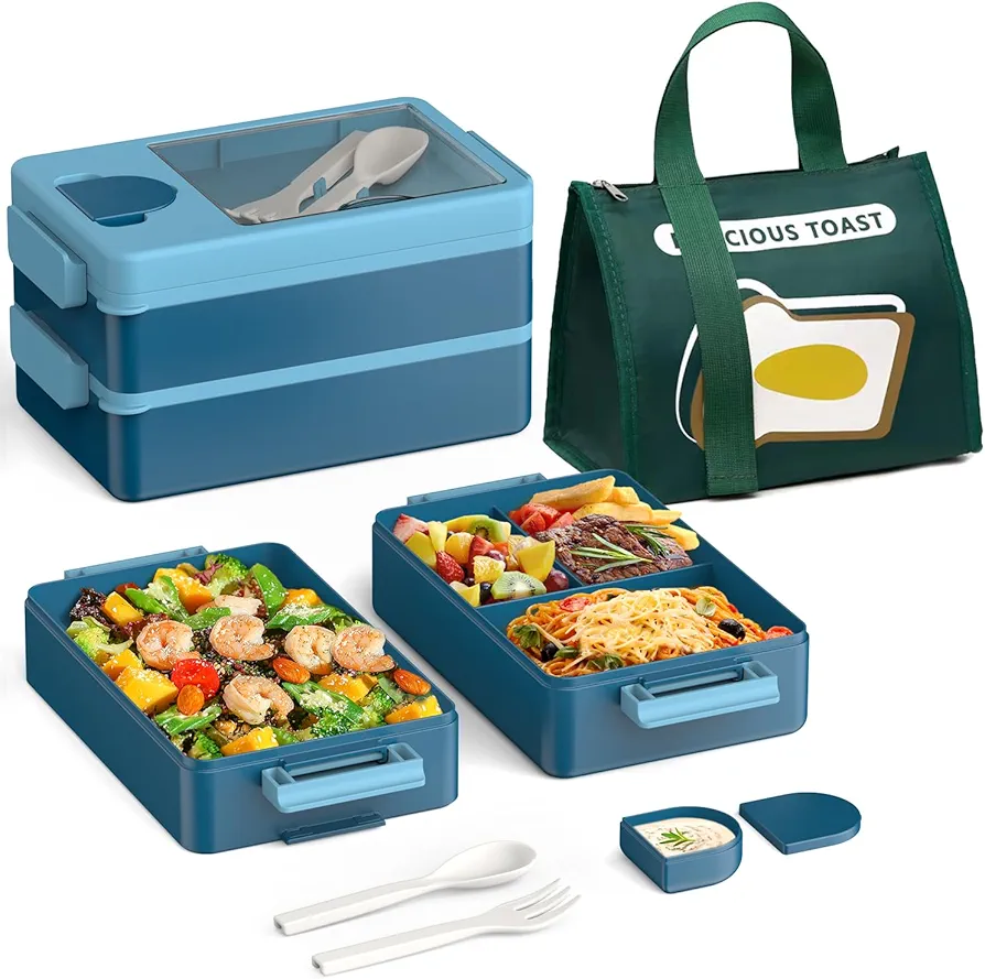 Bento Box Adult Lunch Box Salad Lunch Containers for Adults 2 Layer Stackable Large bento Microwavable Freezable Leak Proof and 3 Compartment Sandwich Meal Prep Reusable,Blue