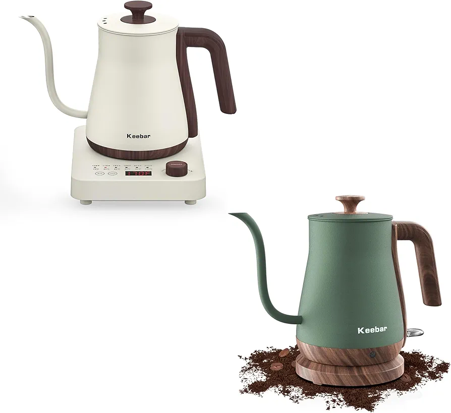 Electric Gooseneck Kettle Boudle Set - Gooseneck Electric Kettle and Gooseneck Electric Kettle with 6 Temperature Control Presets and Led Display, 0.8L, 0.8mm Spout, 304 Stainless Steel, 1000W
