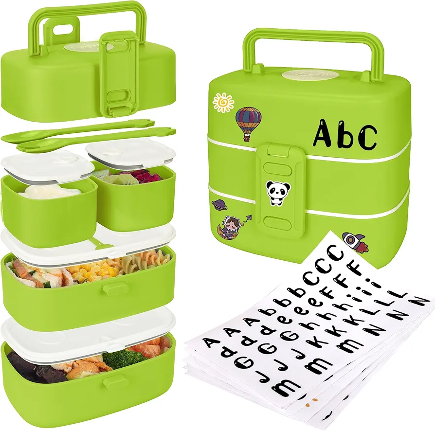 Bento Lunch Box for Kids/Toddlers, Include Name Sticker - Leak Proof Stackable Bento Box with 4 Compartments - Children/Adults Lunch Containers, Durable Perfect Size for On-the-Go Meal.