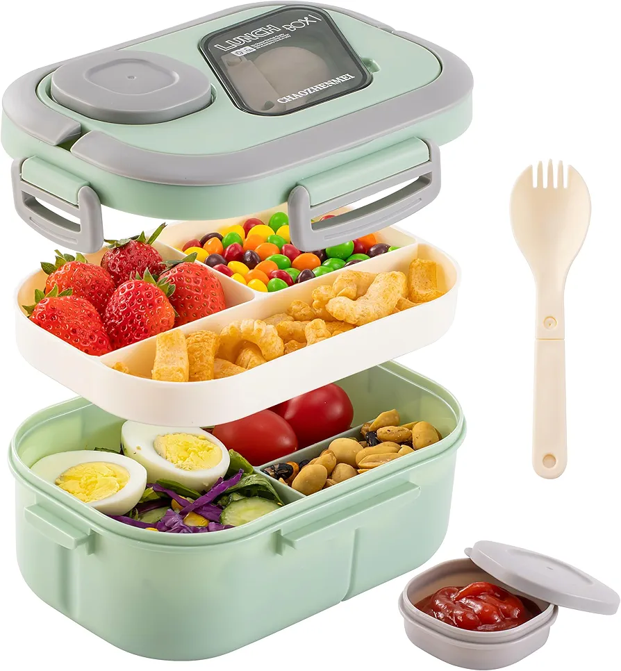 Bento Lunch Box Adult, Students, Kids, 41 oz Lunch Box Container with 6 Compartments, Leak-Proof Sauce Container, BPA Free Food Container, Dishwasher, Microwave Safe for Healthy Lunch (Green)