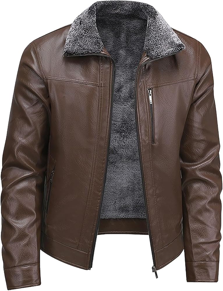Mens Faux Leather Bomber Jackets Sherpa Fleece Lined Motorcycle Biker Jackets Turn-Down Collar Winter Warm Coats