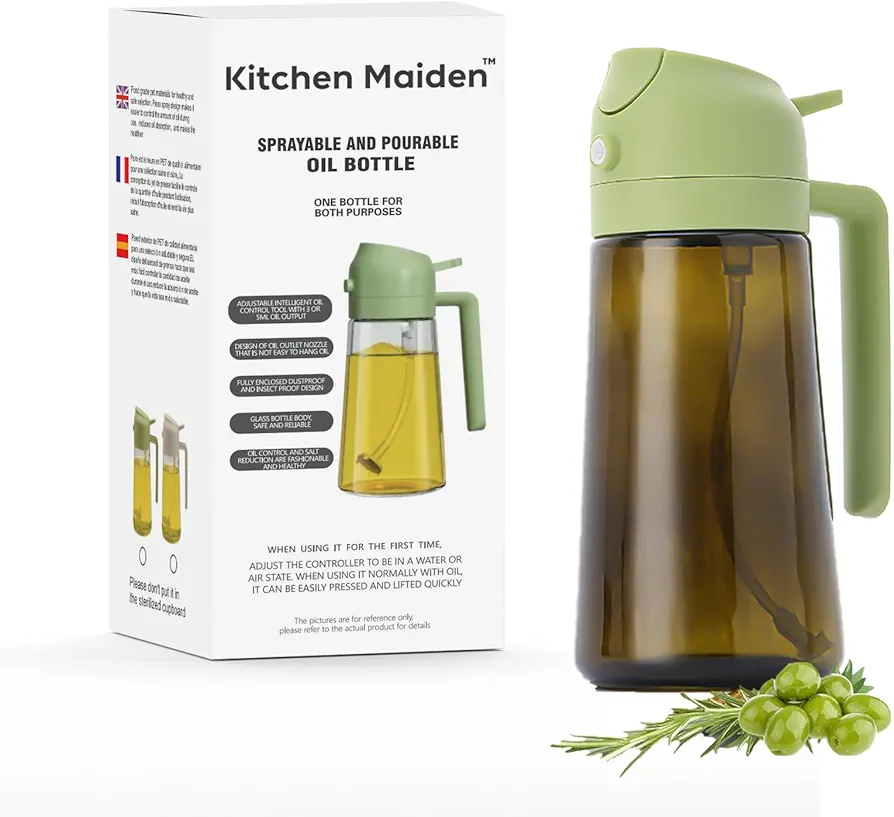 Kitchen Maiden Two in One Oil Dispenser,Glass Olive Oil Dispenser and Oil Sprayer. Spray and pour. Suitable for Kitchen, Grill, Cooking. Air Fryer (Dark green)