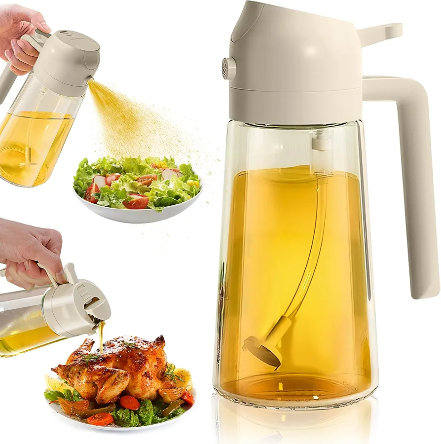 2 in 1 Glass Oil Sprayer & Dispenser, 2024 New Oil Dispenser Bottle Spray and Pour, 20oz/600ml Glass Olive Oil Dispenser Bottle for Kitchen Air Fryer Salad Frying BBQ (White)