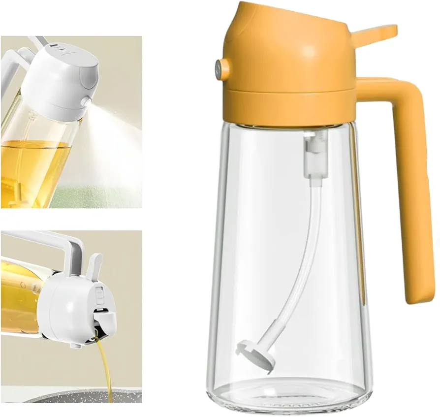 2 In 1 Glass Oil Sprayer & Dispenser - Oil Sprayer For Cooking, Oil Dispenser for Kitchen Spray, 16.5oz/470ml Oil Dispenser for Kitchen for Air Fryer, Salad, Frying,Bbq (Yellow)