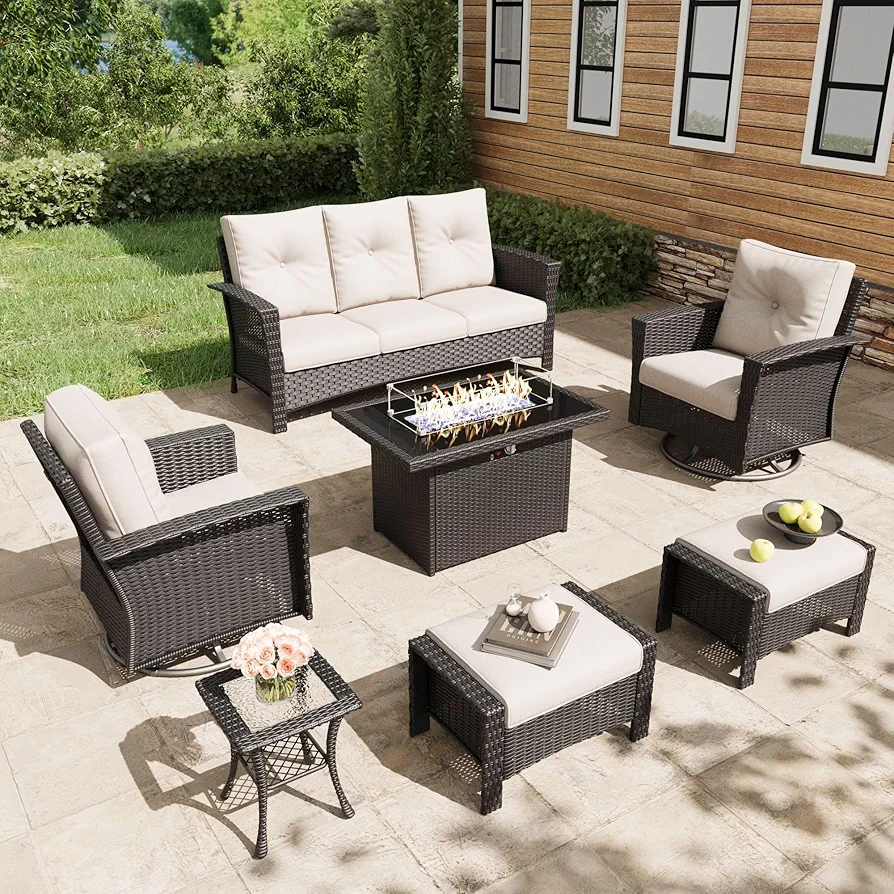 LayinSun 7 Piece Wicker Patio Furniture Set with Fire Pit Table, Classis Outdoor Conversation 360 Degree Swivel Chairs Set with Coffee Table