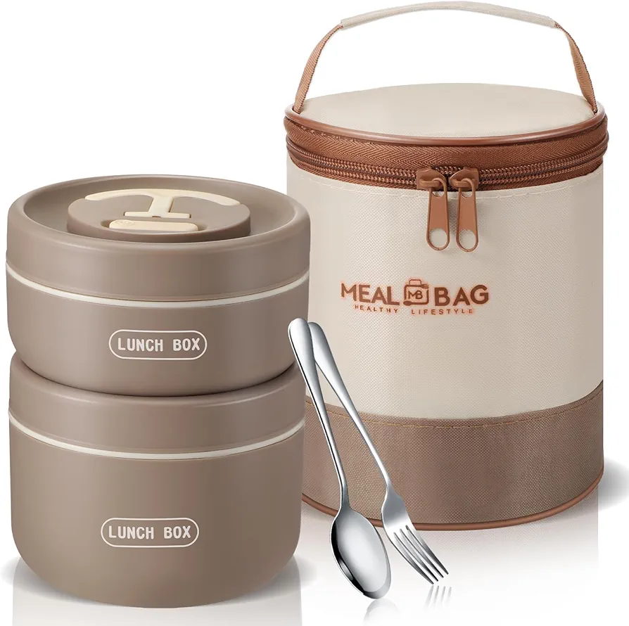 Dandat 2 Pcs Insulated Lunch Containers Thermal Bento Box with Bag Fork Knife Microwavable Stainless Steel Lunch Box 15.2 oz 21 oz Separate Stackable Thermal Food Jar for Adult Men Women(Khaki)
