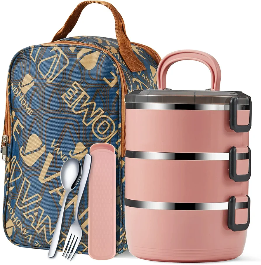 YBOBK HOME 3-Tier Cylinder Bento Lunch Box, Keep Food Warm Thermal Stackable Lunch Container For Adults To Work, Portable Insulated Stainless Steel Food Container With Bag (Pink 71oz)