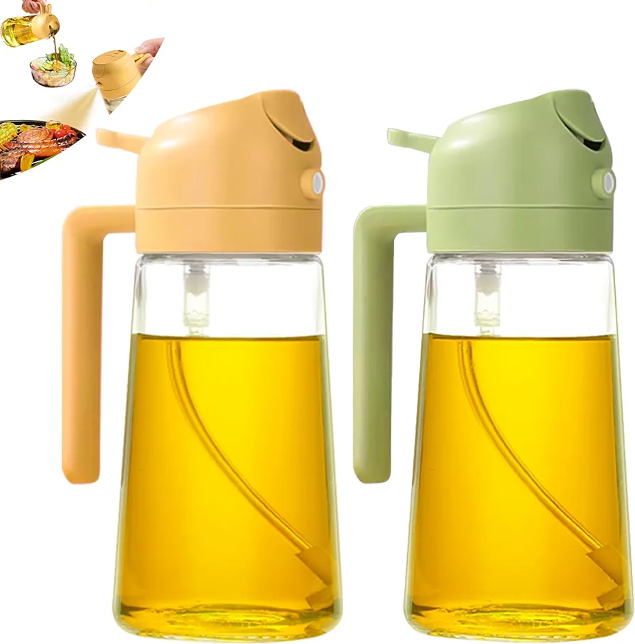 2 in 1 Oil Dispenser and Oil Sprayer, Olive Oil Dispenser Bottle Oil Spray Bottle for Cooking, Olive Oil Sprayer Cooking Oil Dispenser for Kitchen Air Fryer, Salad, Frying, BBQ (Green+Yellow)