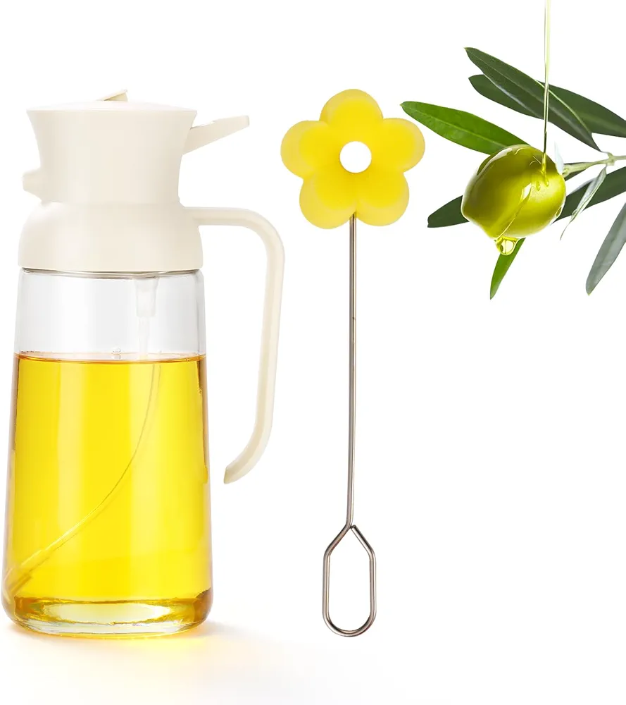 Olive Oil Dispenser For Kitchen & Olive Oil Sprayer For Cooking 18oz/550ml Glass Oil Spray Bottle with Pourer Leakproof Glass Oil Container Oil Sprayer Mister with Auto Flip Cap for BBQ, Salad (White)