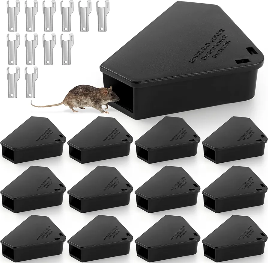 12 Pack Mouse Bait Station with Keys - Outdoor Refillable Mouse Bait Station Reusable Mice Small Rats Poisoning Station Box for Indoor Outdoor Kitchen Garage, Safe for Kids and Pets