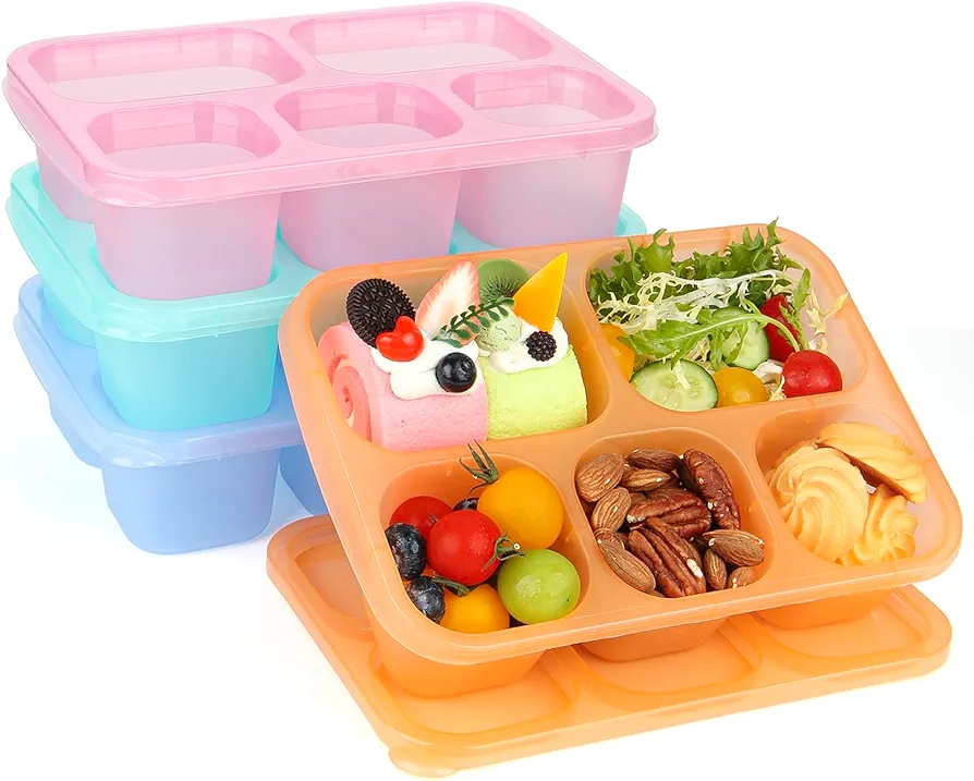 Bento Lunch Boxes - Reusable 5-Compartment Food Lunchables Containers, Snack Boxes For Adults Container for School, Work, and Travel, Set of 4 (Pastels)