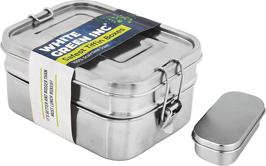 Stainless Steel Bento box, 3 in 1 Large Food containers, Eco Friendly Tiffin Lunch box For Work, Outdoor, Camping, Traveling, Bonus Dip Pod, Dishwasher safe ~ Durable Matt Finish (6 Cups)