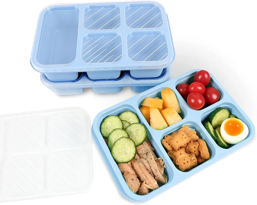 Bento box, 3 snack containers with 5 compartments, reusable meal preparation containers, lightweight lunch containers for children and adults, Stackable, Work, and Travel(Wheat(Blue))