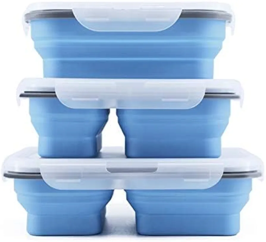 Pack of 3 Collapsible Adult Bento Box,Lunch Box- Silicone Food Storage with 1/2/3 Compartments and Utensil (3 Pack Blue, 900ml+1000ml+1100ml)