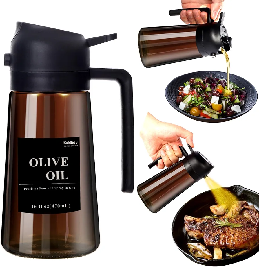 16oz Olive Oil Dispenser for Kitchen, 2 in 1 Olive Oil Dispenser and Oil Sprayer, Oil Sprayer for Cooking, Brown Lightproof Oil Dispenser with stickers (Brown Bottle with Black Cap)