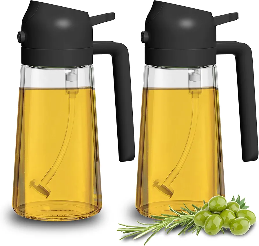 AYXX 16 oz No-Drip Glass Oil Dispenser Bottle for Kitchen, 2 in 1 Leak Proof Olive Oil Dispenser & Oil Sprayer for Cooking, Kitchen, Salad, Barbecue Black 【2024 New】 (Black -2Pack)