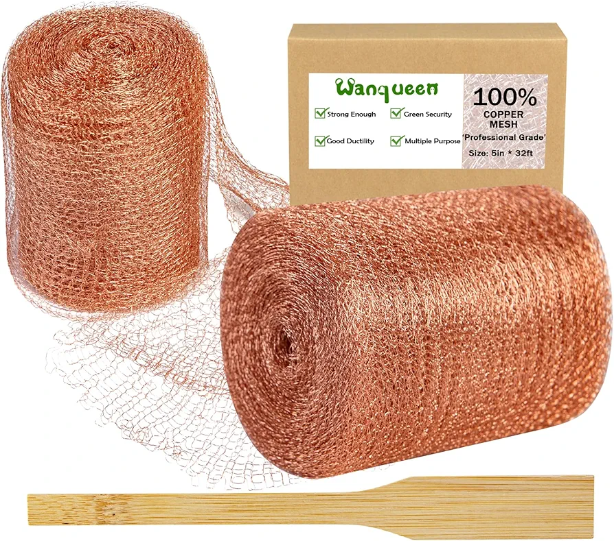Wanqueen Copper Mesh Roll for Mice Rodent Rat Repellent, Sturdy 5 * 32Ft Copper Wool Mouse Trap Hole Filler for Bat Snail Bird Control with Packing Tool