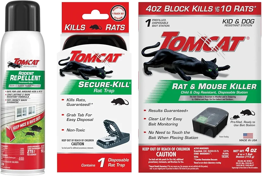 Tomcat Rat Bundle, Treats Rats, Includes Secure-Kill Trap, Disposable Station with Bait Block, and Repellent Spray