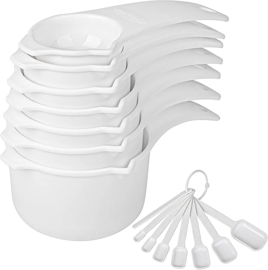 Plastic Measuring Cups and Spoons Set, White Dry Measuring cups Set with Spout and Leveler for Kitchen and Baking, BPA free and Dishwasher Safe, Nesting Measuring Cups Set 15