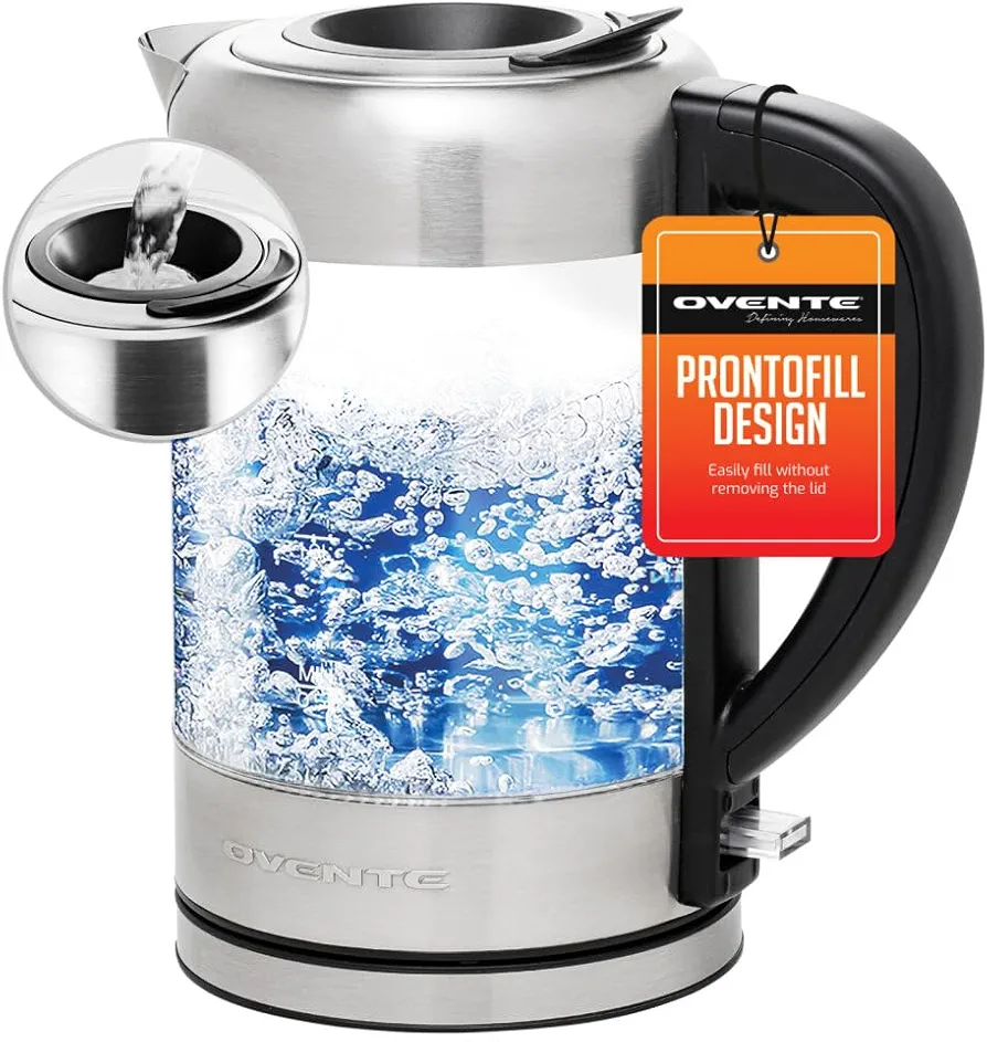 OVENTE Glass Electric Kettle Hot Water Boiler 1.7 Liter ProntoFill Tech w/ Stainless Steel Filter - 1500W BPA Free Cordless Instant Water Heater Kettle for Coffee & Tea Maker - Silver KG612S