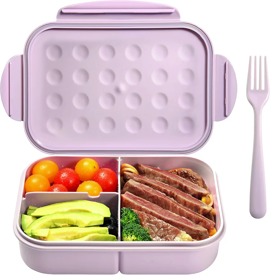 Jeopace Bento Box Adult Lunch Box,Bento Box for Adult,Lunch Containers for Adults with 3 Compartmrnts,Kids Bento Lunch Box Leakproof Microwave Safe(Flatware Included,Purple)