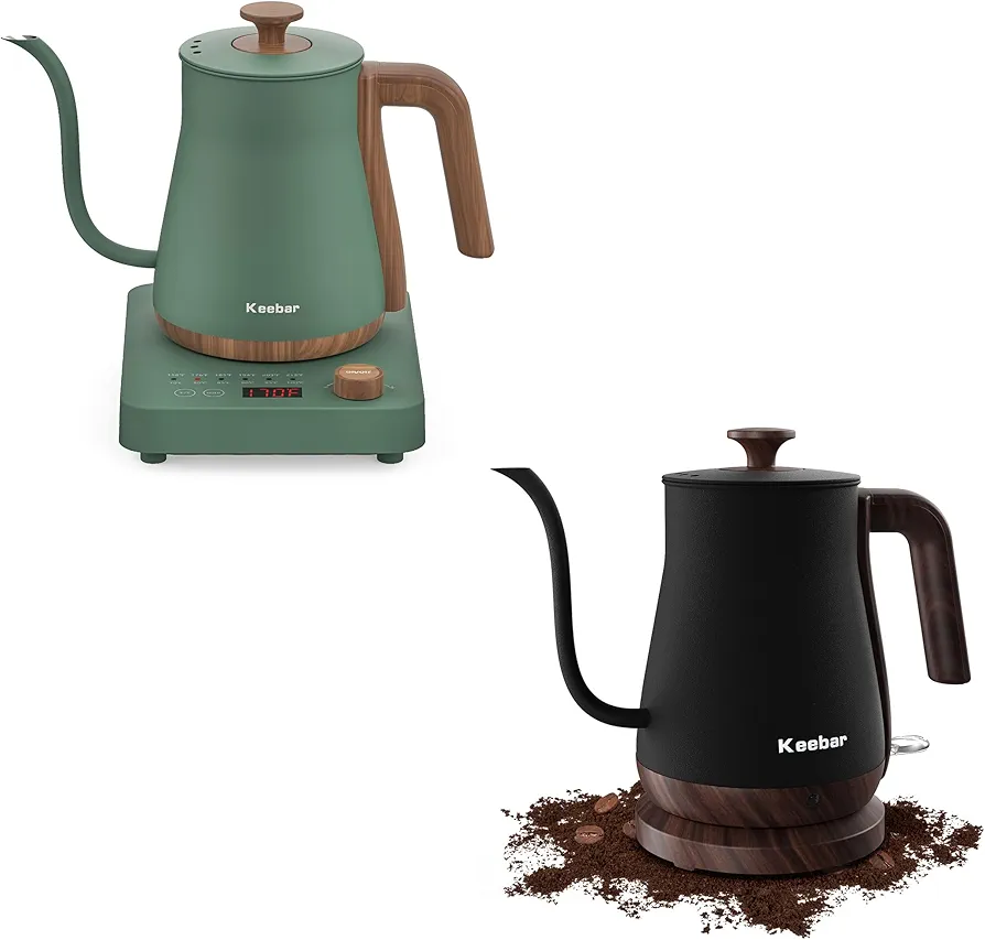 Electric Gooseneck Kettle Boudle Set - Gooseneck Electric Kettle and Gooseneck Electric Kettle with 6 Temperature Control Presets and Led Display, 0.8L, 0.8mm Spout, 304 Stainless Steel, 1000W