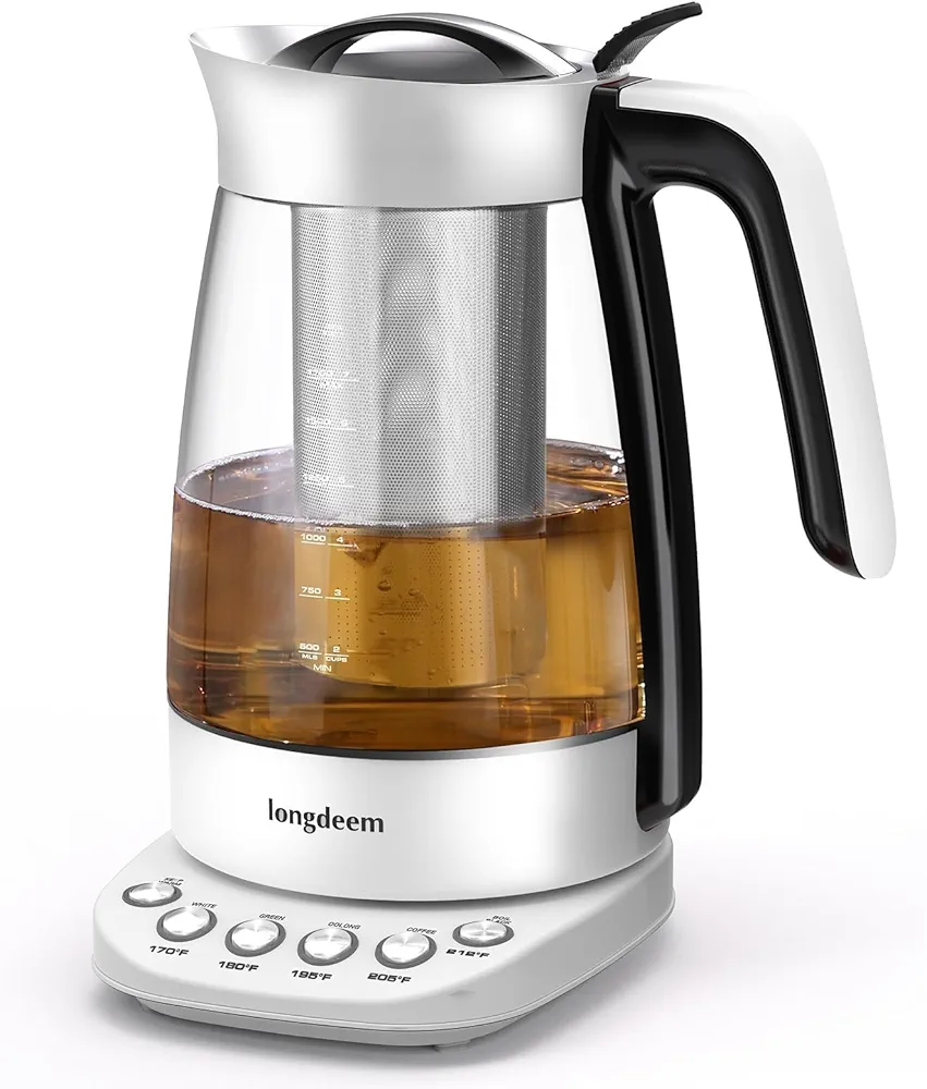 Electric Glass Tea Kettle with Infuser, 1.7L Fast Boiling, Stainless Steel, Temperature Control Tea Maker, Non-BPA - Easy Lid Removal & Keep Warm Feature, White
