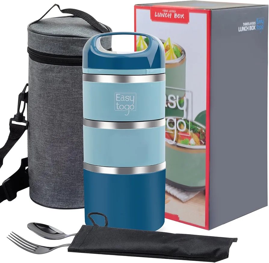 3 Tier Lunch Box 43Oz-Blue Stainless Steel Stackable Lunch Box with Lunch Bag & Cutlery Set, Portable Lunchbox, Portion Control Meal Prep Togo Lunch Containers for Adults, Women, Men