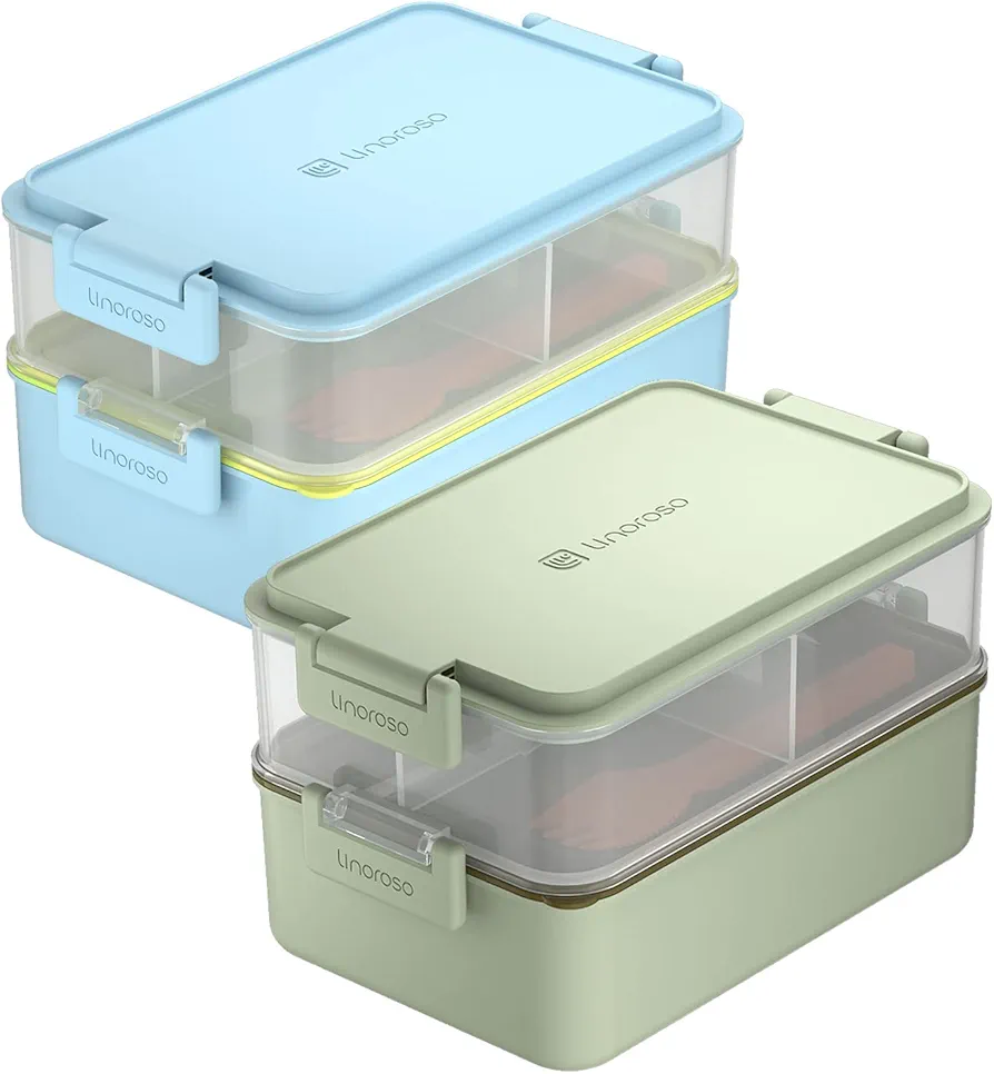 linoroso 2 PCS Stackable Bento Box Adult Lunch Box | Meet All You On-the-Go Needs for Food, Salad and Snack Box, Premium Bento Lunch Box for Adults Include Utensil Set, Dressing Containers