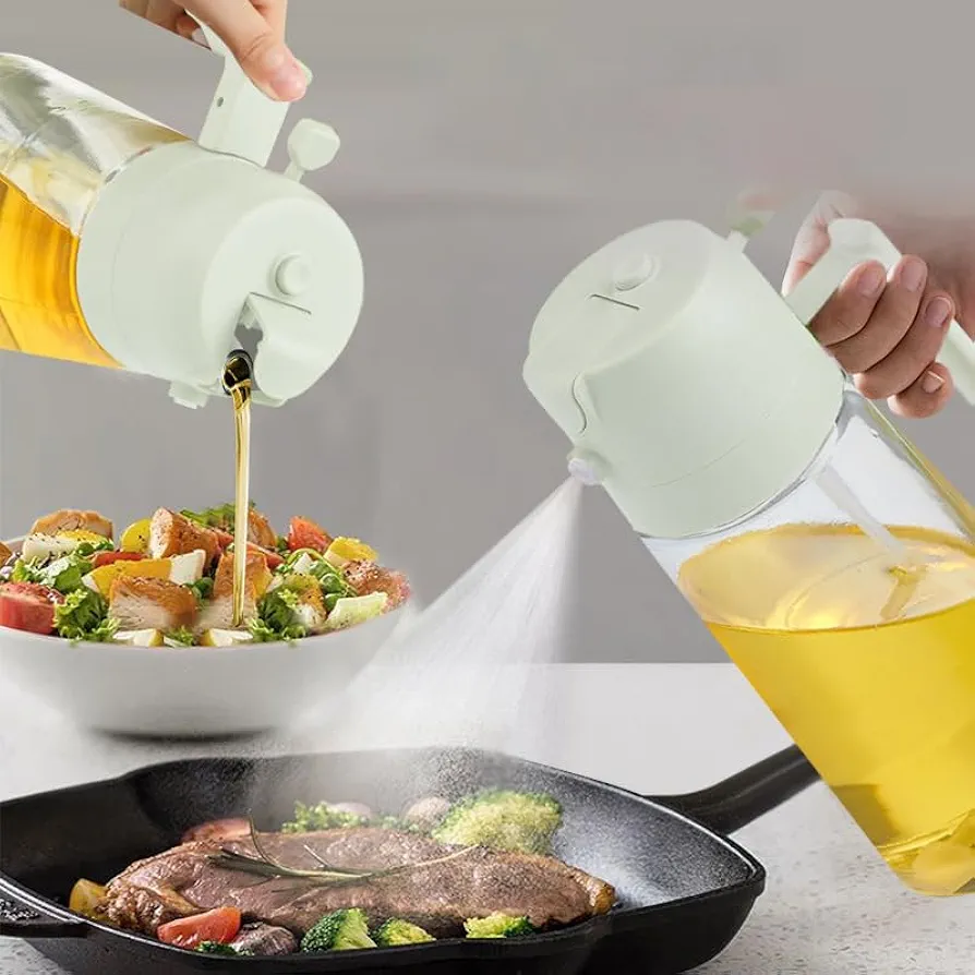 Cooking Oil Sprayer 2 in 1 Oil Dispenser for Kitchen Olive Oil Dispenser Bottle 16oz/470ml Glass Oil Bottle with Nozzle Oil Sprayer for Cooking Oil Brush for Air Fryer, Salad, Kitchen Baking (White)