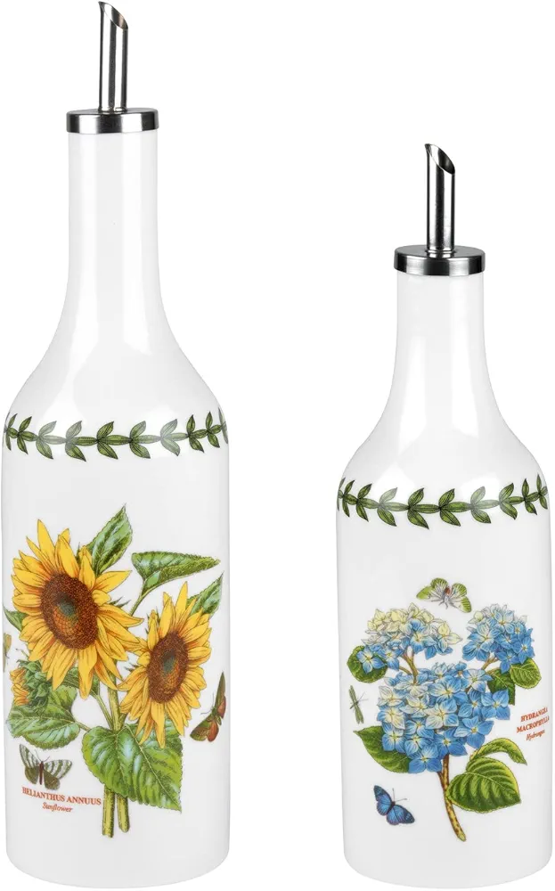 Portmeirion Botanic Garden Oil and Vinegar Drizzler Set | 9" oil dispenser and 7.5" vinegar dispenser | Sunflower & Hydrangea Motif | Fine Porcelain | Dishwasher, Microwave Safe