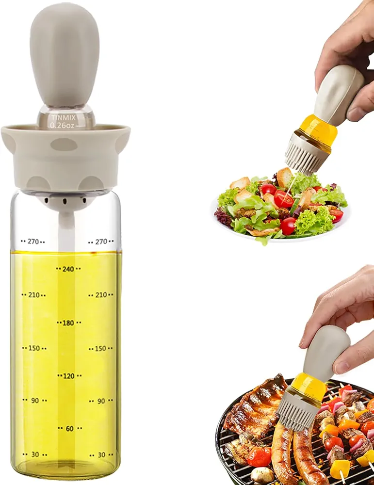 TINMIX Olive Oil Dispenser - 300ml Glass Oil Dispenser Bottle with Basting Brush for Kitchen Cooking Vinegar Sauce, T-OB300, Grey