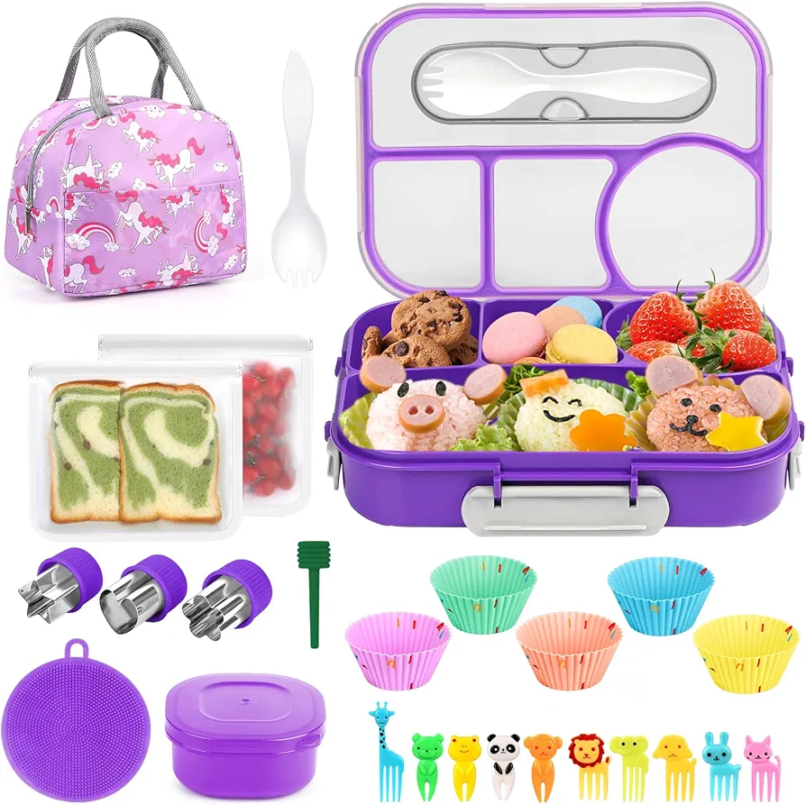 Bento Box Lunch Box Kit, Lunch Container for Kids/Adults, Leak-proof Box 4 Compartments with Utensils Spoon Fork Bag Accessories, Microwave Dishwasher Freezer Safe,BPA-Free