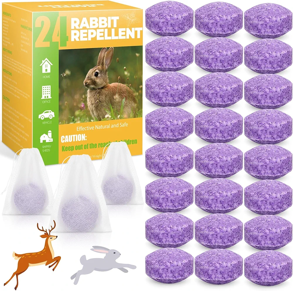 Rabbit Repellent Outdoor, Deer Repellent Devices for Deer and Rabbit Repellent, Bunny Deterrent Peppermint Oil to Repel Deer Safe for Dogs, Deer and Rabbit Repellent for Garden 24Pack