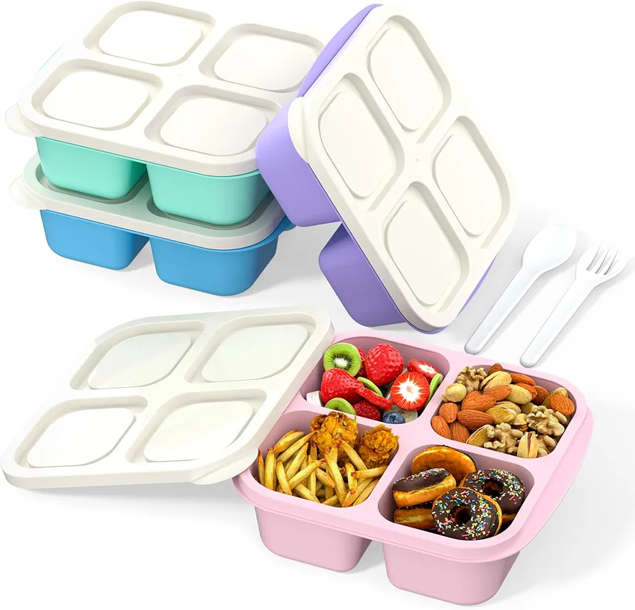 Bento Lunch Box for Kids (4 Pack) - 4-Compartment Salad Container for Lunch, Reusable BPA-Free Food Prep Containers, Snack Container for School, Work, and Travel (White Lid)