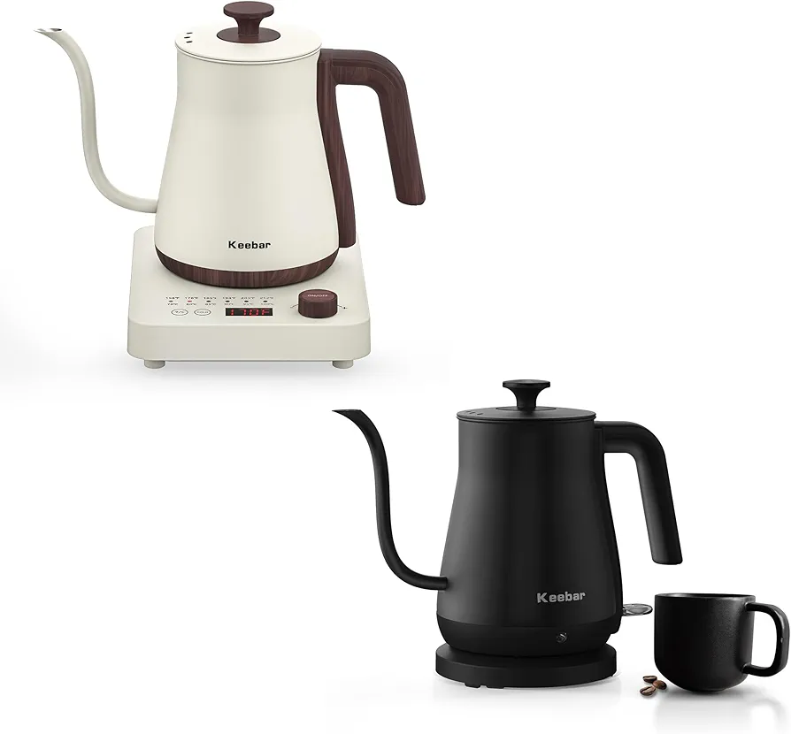 Electric Gooseneck Kettle Boudle Set - Gooseneck Electric Kettle and Gooseneck Electric Kettle with 6 Temperature Control Presets and Led Display, 0.8L, 0.8mm Spout, 304 Stainless Steel, 1000W