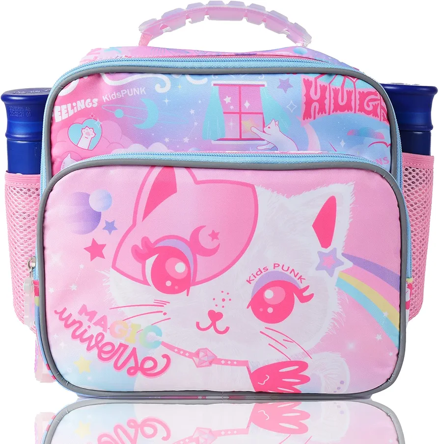 Lunch Box Kids, Girls Lunch Box Insulated Lunch Bag Bento Lunch Box For Kids Cute Pink Cat Lunch Box For Girls Insulated Lunch Box For Boys Lunchboxes Kids With Water Bottle Holder