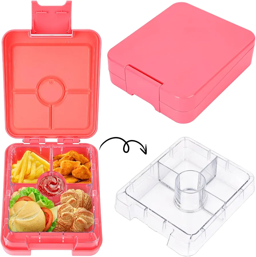 Kids Leak-Proof Bento Lunch Box with 4 Compartments Removable Tritan Tray, Lunch Containers for Kids to School, BPA-Free, Dishwasher Safe, Food-Safe Materials(Pink)