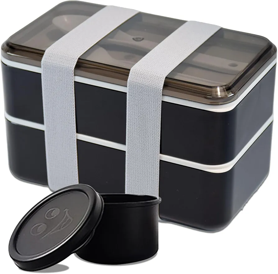 Lunch Box for Adults,Stackable Snack Bento Box Fix with Strap Lunch Box Container for Women & Men With Cutlery Set 47OZ Food Containers with Sauce Jar，Black