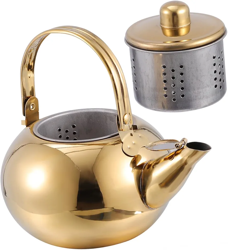 Stainless Steel Pot Japanese Tea Kettle Kitchen Water Kettle Insulated Teapot Stove Top Water Pot Tea Kettle for Stove Top Camping Coffee Cups Teapot with Filter Fire Supply Golden