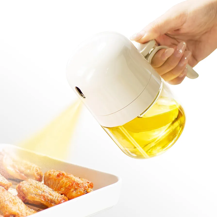 Oil Sprayer for Cooking Olive Oil Sprayer Continuous Spray Bottle Glass Spray Oil Bottles 300ml Oil Spray and Dispenser for Kitchen Food Spray Bottles for BBQ, Salad, Air Fryer, Frying (White)