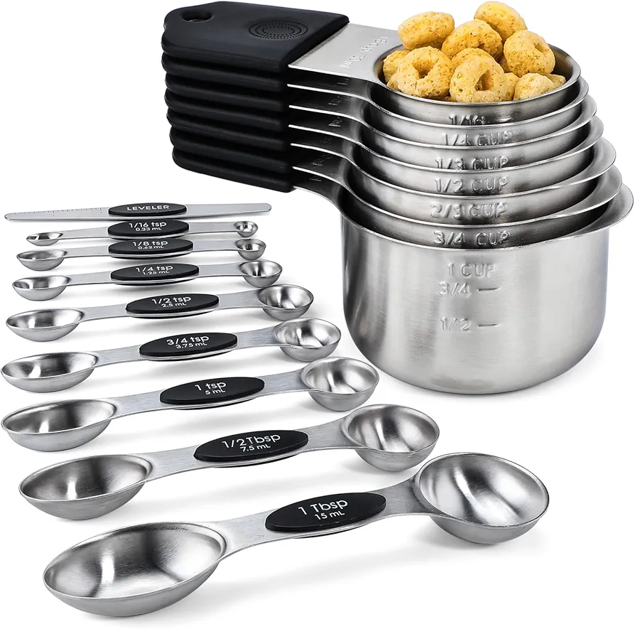 Magnetic Measuring Cups and Spoons Set Including 7 Stainless Steel Measuring Cups 8 Double Sided Magnetic Measuring Spoons Set with 1 Leveler Kitchen Measuring Tools for Cooking Baking (Black)