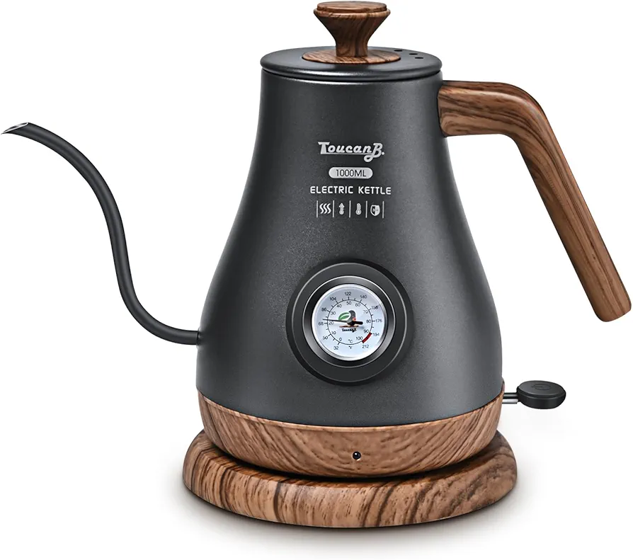Gooseneck Electric Kettle (1.0 Liter), Visual Thermometer Manual Temperature Control, Quick Boil and Auto Shutoff, Retro Electric Tea Kettle Elegant Frosted Black