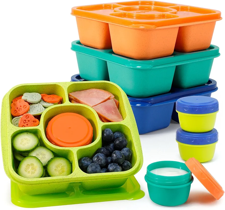 Caperci Original Lunchable Snack Containers for Kids & Adults - 5 Compartments Bento Snack Boxes with 4 Leakproof Small Containers, Wheat Straw, BPA-Free, Set of 4 (Jewel Brights)
