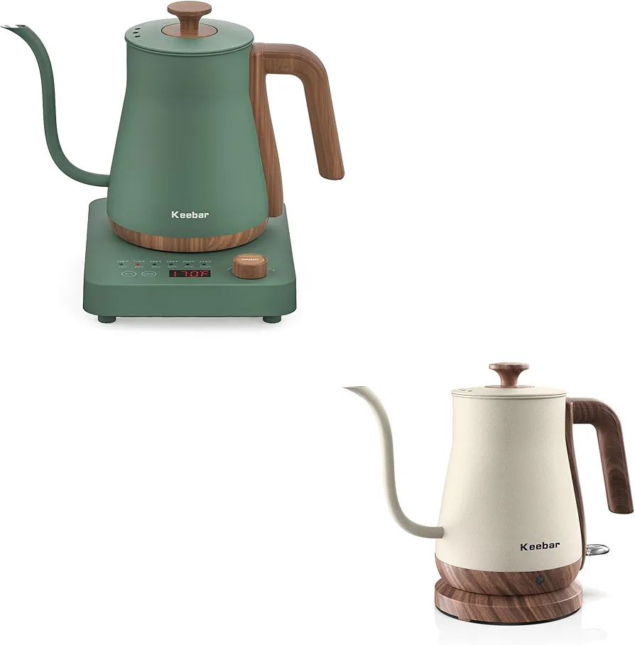 Electric Gooseneck Kettle Boudle Set - Gooseneck Electric Kettle and Gooseneck Electric Kettle with 6 Temperature Control Presets and Led Display, 0.8L, 0.8mm Spout, 304 Stainless Steel, 1000W