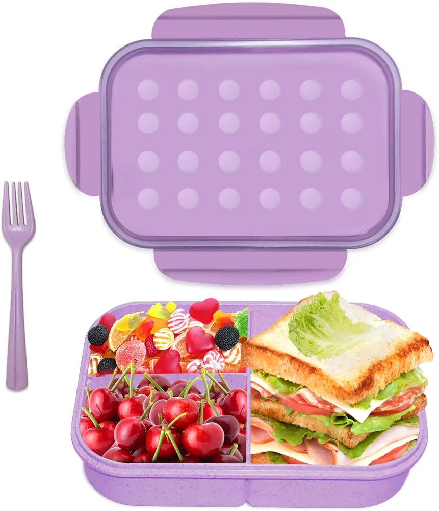 ASYH Bento Box Kids Lunch Box Classic 3 Compartment Bento Box for Adults Ideal Leakproof Lunch Containers with Utensils, Microwave and Dishwasher Safe Food Containers (Purple-1150ML)