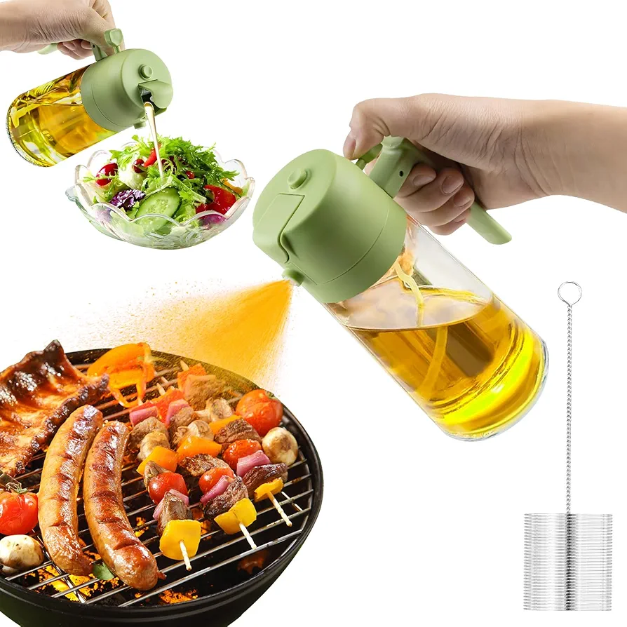 Oil Sprayer for Cooking, 17oz Olive Oil Sprayer - 2 IN 1 Olive Oil Dispenser, Food-grade Olive Oil Spray Bottle for Cooking, Kitchen, Air Fryer, Salad, BBQ (Green, Includes Brush)